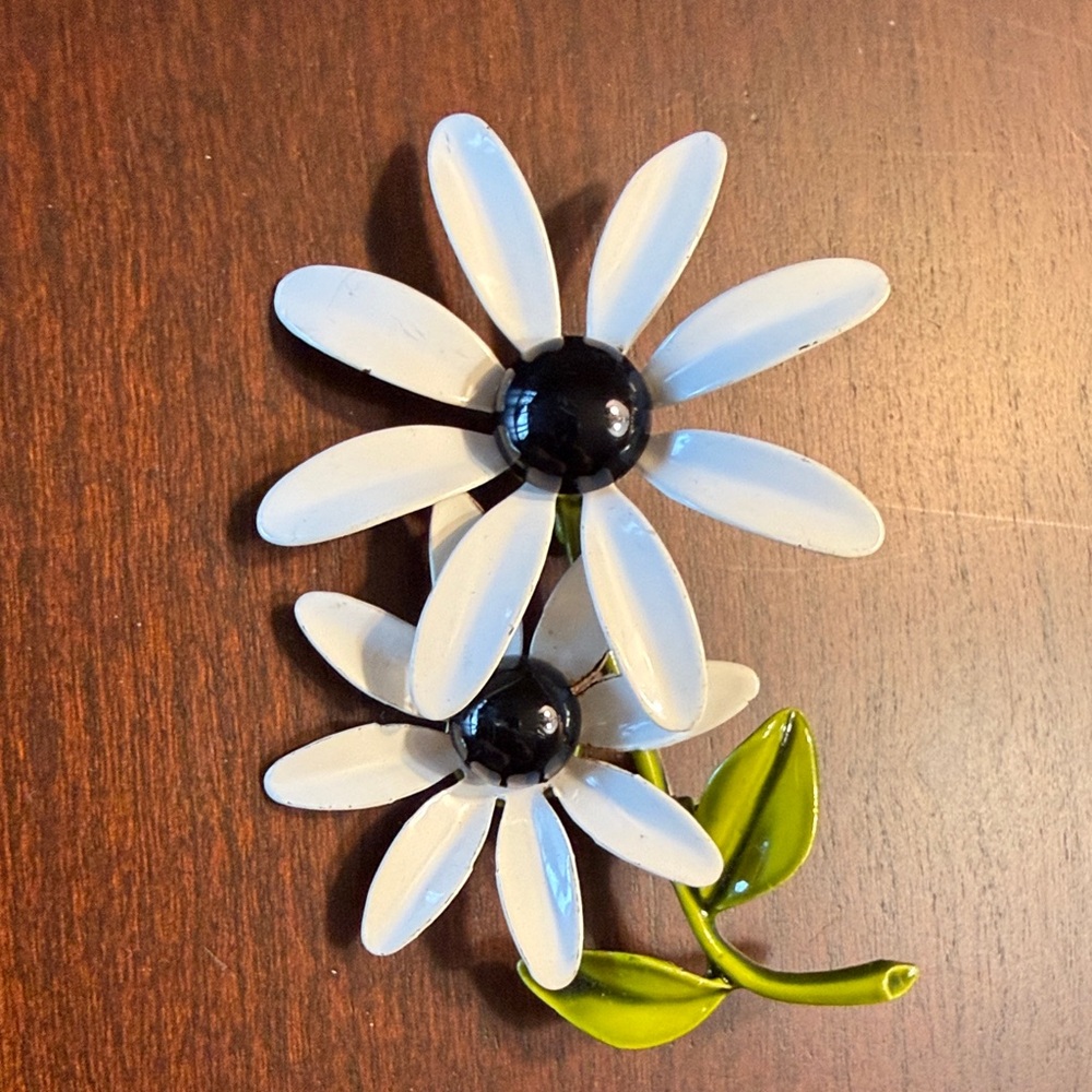 Enamel White & Black Flower Brooch 3”
